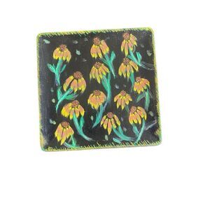Hand painted Trinket vanity  tray sunflowers yellow black floral one of a kind